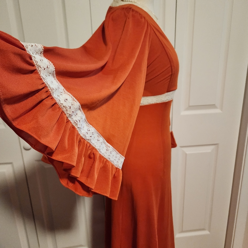 Vintage Rust & Cream Empire Wasit Prairie Lace Ruffle Bell Sleeved Dress - Picture 9 of 16